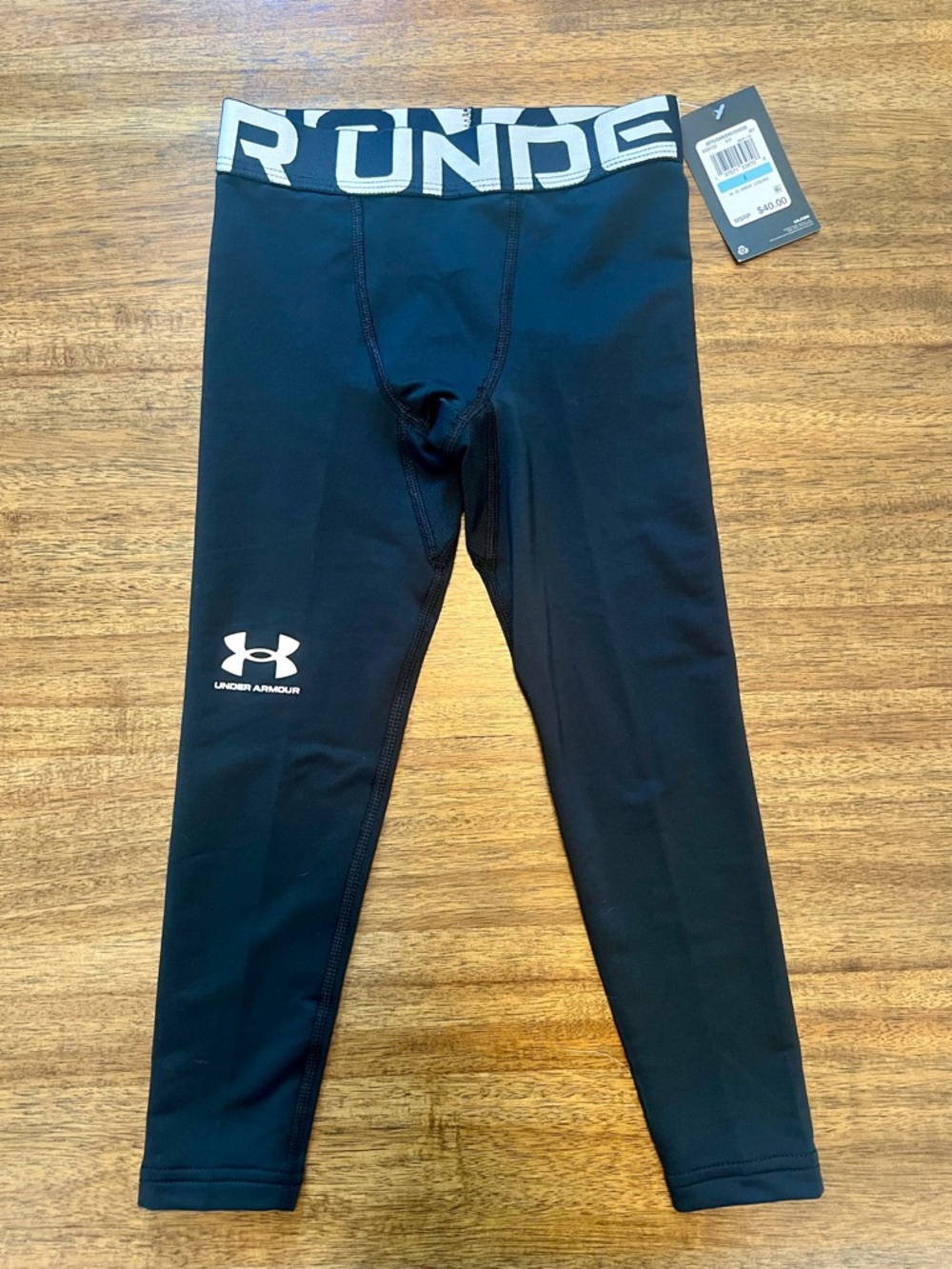 NWT Under Armour Black Boys' Compression Leggings with White Logo Waistband Size